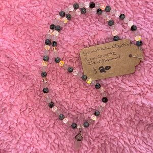 Roses & Stormy Night Necklace (rose quartz,snowflake obsidian,clear mermaid)